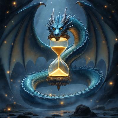 The primary subject of the image is a large, blue, fire-breathing dragon. The dragon is holding a yellow clock in its mouth, creating a unique and intriguing scene. The setting appears to be a dark, mystical environment, with the dragon as the main focus. The visual style of the image is digital art, with the dragon and clock being the main elements of the composition. The colors and mood of the image are dark and mysterious, with the blue dragon and yellow clock contrasting